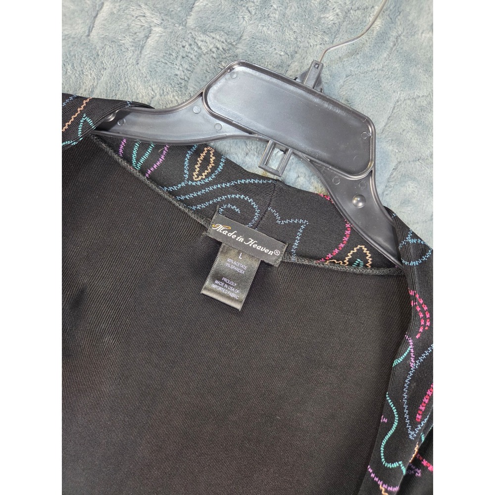 Made in Heaven Womens Large Black Neon Floral Open Front Cardigan Ribbed USA